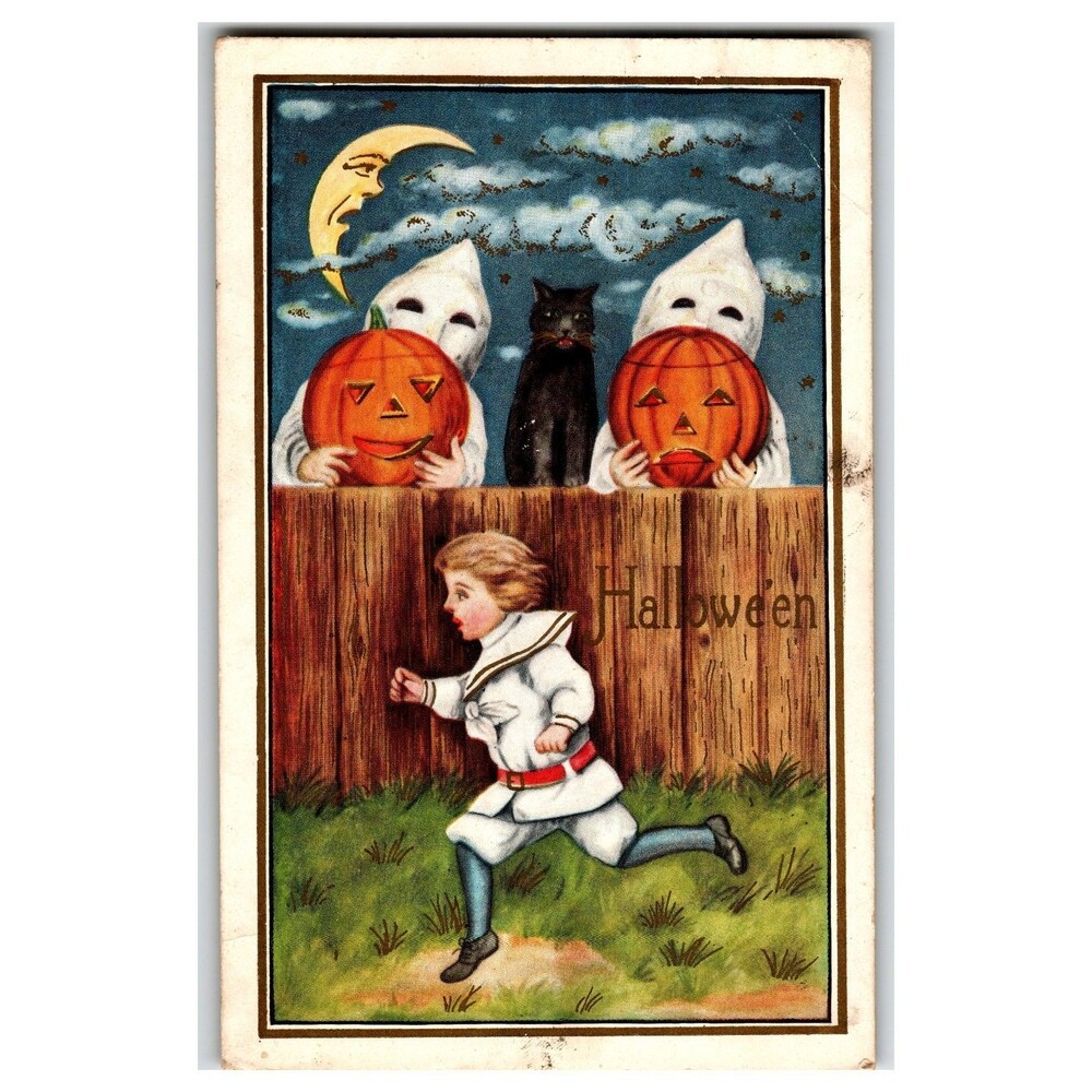 Whitney Vintage 1914 Halloween Postcard Ghosts Pumpkins Black Cat Moon